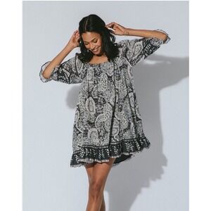 Cleobella Anila Mini Dress Organic Cotton Paisley Block Print Black Pink Small